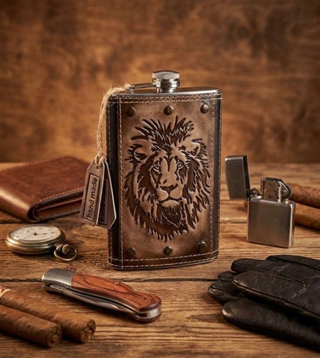Lion Leather Hip Flask for Men 10oz Handmade Whiskey Gift Embossed Leather Barware Groomsmen Bourbon Gift Stainless Steel Alcohol Flask - Etsy Canada