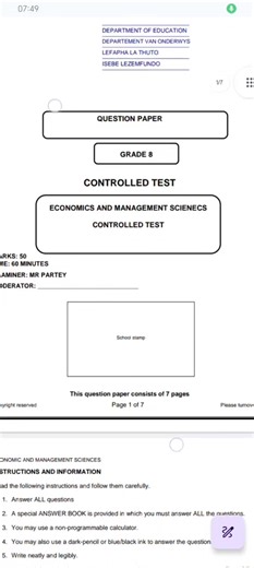 Grade 8 Controlled Test Economic and Management Sciences Term 1 #grade8 #grade9 #grade10 #grade11 #grade12