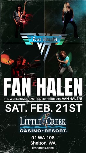 This Saturday night, Fan Halen is bringing the full-throttle, red-white-and-black party to the Little Creek Casino Resort — and we’re not just playing the songs… We’re delivering the REAL Van Halen experience. 🎸⚡ If you love classic Van Halen, this is the closest you’ll get to being front row in 1984. Shelton — tag your concert crew 👇 Who’s coming with you? Let’s pack the house and turn Little Creek into a full-blown rock ‘n’ roll takeover. 🗓 Saturday 📍 Shelton, WA 🎟 Don’t wait — grab your 