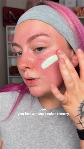 Chloe Camara🍓✨🏳️‍🌈 on Instagram: "Color theory explained✨👇🏼🩷 On the color wheel, green is opposite of red, making it red’s complementary color💚. SO✨these colors layered on top of each other cancel each other out, creating a more neutral tone which is perfect for using under foundation🫶🏼 Product Used: - Honey Beauty Color Corrector #colortheory #rosacea #rosaceaawareness #redness #colorcorrection #viralmakeup"