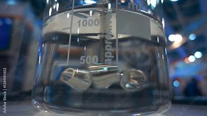 In the chemical laboratory glass flask with transparent liquid are mixed via classic mechanical mixer. Slow mo, slow motion, slo mo, high speed camera, 240fps, 250fps