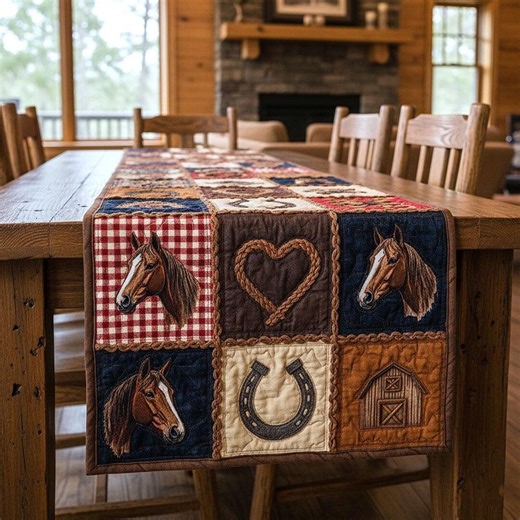 Horse Table Runner Farmhouse Decor, Western Table Runner, Rustic Horse Lover Gift, Country Dining Table Decor, Quilted Style Print Runner - Etsy