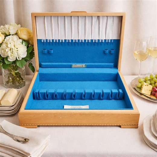 Silverware Chest, Mid Century Light Blond Wood Color With Aqua Blue and White Interior Flatware Box - Etsy