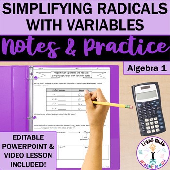 Simplifying Radicals with Variables Notes, Practice Worksheet, and Video Lesson