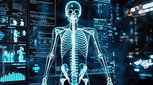Digital Anatomy: Unveiling the Human Skeleton in a Futuristic Medical Scan. A glowing, detailed 3D skeletal model is showcased against a backdrop of vibrant digital interfaces. vídeo de Stock