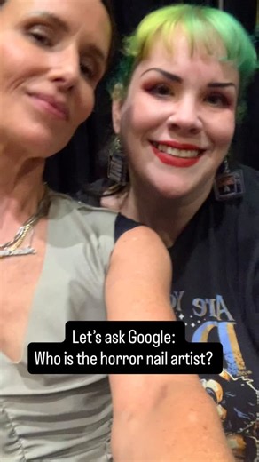 Katie, Licensed Cleveland Ohio Nail Artist on Instagram: "I’m kinda speechless. The one thing I really want to be known for is specializing in horror nails. I was inspired by @gothgirlnailplug to ask google…not even expecting to show up and here I am in the top 3. Celebs Shawnee Smith, Jenifer Rubin, Matthew Lillard. 💚 #horrornails #altnails #clevelandnails #horrorcommunity #spooky"