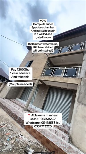 Brief: Newly built 90% complete super spacious chamber and hall selfcontain in a walled and gated house at ablekuma manhean for rent. Features: Self meter,water flows,kitchen cabinet to be installed,fenced and fully tiled compound. Going for just 1200ghc 1 year advance . For viewing,kindly note: Call us📞 on: Office line: 0206515526 | Personal line: 0541855816 | 0537713220 and WhatsApp us on : 0541855816 AGENCY TERMS AND CONDITIONS: Registration & Viewing fee: is now 100Ghc Agency 10% Commission