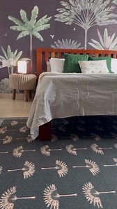 A tropical paradise ✨🫶🏼 • DIY Tropical Scenery Wallpaper, Dark night shade • Palm Trees printed, Anti Skid Rug • Waffle Throw Blanket • Embroidered Cushion covers #roommakeover #homedecor #bedroommakeover #rugs #cushioncovers #diywalldecor #aesthetichome #indianhomes | letsdotherooms