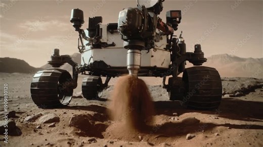 Planetary rover drilling into rocky soil on planet Mars. Scientific exploration and soil sampling in desert landscape. Low angle tracking shot.