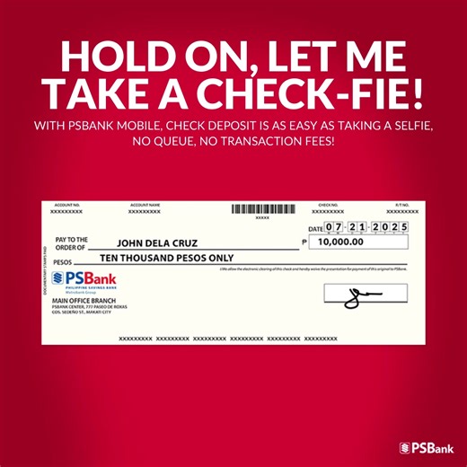You’ve mastered the selfie, now try the check-fie! 📸 Just snap a pic of your check via PSBank Mobile, and boom – deposited. ✔️ No queue. No transaction fees. All digital. #ItoSimple Download the #PSBank Mobile app to access and manage your accounts anytime, anywhere. Deposits are insured by PDIC up to P1 Million per depositor. Regulated by BSP. | PSBank