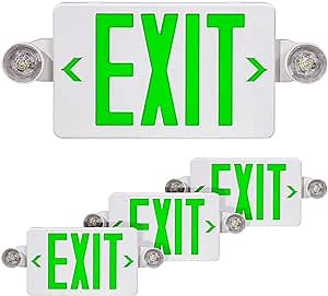Green LED Exit Sign with Battery Backup, Dual Adjustable Emergency Lights, UL Listed, 120-277V, Fire-Resistant ABS Housing, Commercial Emergency Exit Lighting Fixture for Business Use (4pack)