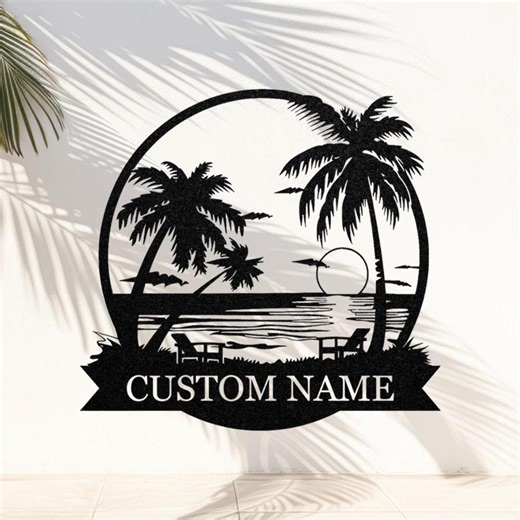 Custom Beach Sign, Palm Tree Decor, Personalized Metal Outdoor Wall Art, Beach House Sign, Coastal Home Decor, Cabin, Patio, Backyard Decor - Etsy