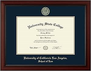 University of California Los Angeles School of Law 17" w x 11" h Diploma Frame - Fits a phd - Gold Embossed Diploma Frame - Cherry Moulding with Navy and Gold Matting - Officially Licensed
