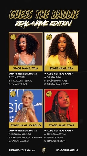 👀 GUESS THE BADDIE — REAL NAME EDITION 👀 Stage names we know. Real names? That’s where it gets fun 😌 Drop your picks in the comments — A, B, or C for each one 👇 No Googling. Just vibes, memory, and baddie intuition ✨ Get all 4 correct and you’ll unlock an extra 10% OFF on top of our 10% OFF FREE SHIPPING 👀💎 #GuessTheBaddie #BaddieGames #BaddieEnergy #fyp #BaddieBrand