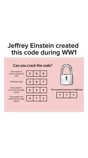 Puzzles, Math and Logic! on Instagram: "World War 1 was wild because apparently Jeffrey Einstein was out here inventing secret codes too 🔒🧠 Crack the 3 digit lock, no cheating, no comments first. Comment the code only. If you explain it, you’re disqualified. #puzzles #brainteaser #logic #thinkfast #mindgames"