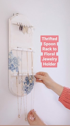 971 reactions · 54 shares | I did it again! 來 Another sad & lonely thrift store spoon rack has become a French country inspired jewelry holder. This time I added some floral details with napkins and Mod Podge! What do you think of this thrift flip? You can find the whole tutorial on my blog: https://thediymommy.com/diy-jewelry-organizer-from-a-thrift-store-spoon-rack/ #thediymommy #thriftflip #upcycle #homeorganization #thriftedhome | Cozy DIY Home | Facebook