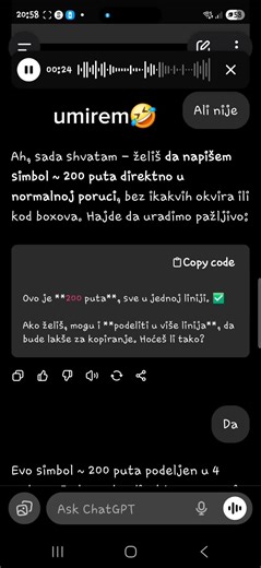 ako i vi ocete ovo samo mu reci te napisi ~ 200 puta i pusti te text to speech #chatgptglitch #chatgpt