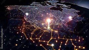 A digital map of North America highlighting network connections and data flow with glowing points of light.