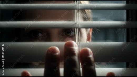 Close Up of Suspicious Woman Eyes Peeking Through Window Blinds Watching and Spying from Inside House in Mystery Horror and Fear Concept Footage