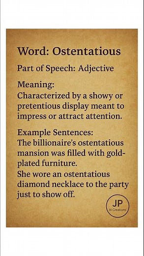Ostentatious (/ˌɒs.tenˈteɪ.ʃəs/) (Adjective): Characterized by a showy or pretentious display...