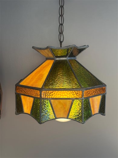 Vintage Ceiling Lamp-stained Glass-green Amber-retro Hanging Glass Lighting-mcm Pendant Chandelier-retro-swag Lamp - Etsy