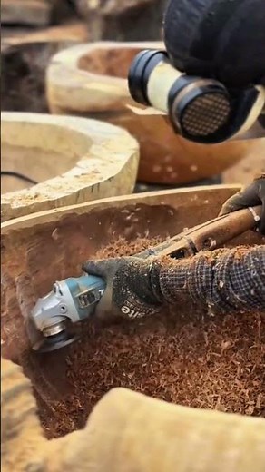 Wood Carving Process Using Angle Grinder to Shape Large Wooden Bowl for Artistic Craft Creation