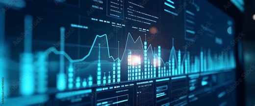 Dynamic data analytics on a glowing digital screen with graphs pulsating gently; camera slowly pans across in a futuristic, cinematic style, highlighting technology and innovation.