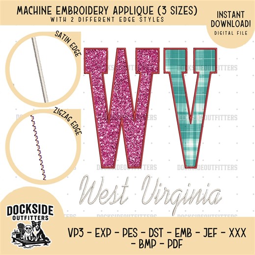 West Virginia Outline Applique, State Embroidery Design, Bundle Size, Zigzag Satin Edge, Instant Download - Etsy