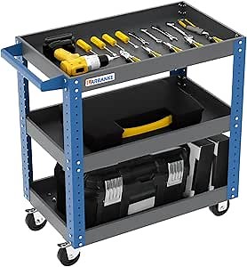 LARBANKE 3-Tier Rolling Tool Cart with 4 Universal Wheels,500LBS Load Capacity,Locking Tool Roll Cart with Height-Adjustable Tiers for Garage,Repair Shop and Warehouse,Blue