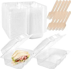 50 PCS Clear Plastic To Go Containers Disposable Take out Food Containers with Clear Lids 50 PCS Forks Fancy Hinged Top Clamshell Food Boxes for Carring Cake, Dessert, Small Sandwich