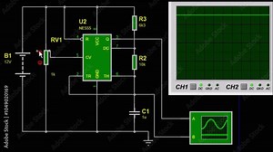 Video simulation of operation of electronic device circuit with oscilloscope, variable resistor, battery power supply, integrated circuit, capacitor. Animation of signal on graphic screen.
