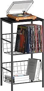 Record Player Stand End Side Table Black Vinyl Record Storage Record Player Table with Album Storage Turntable Stand with Record Storage Modern Bedside Table for Living Room Bedroom Office