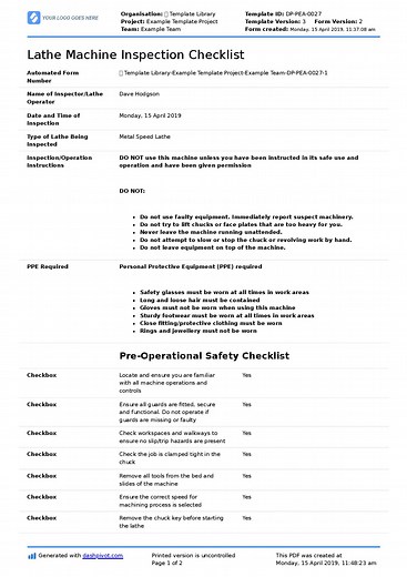 Lathe Machine Inspection Checklist: Free and Customisable