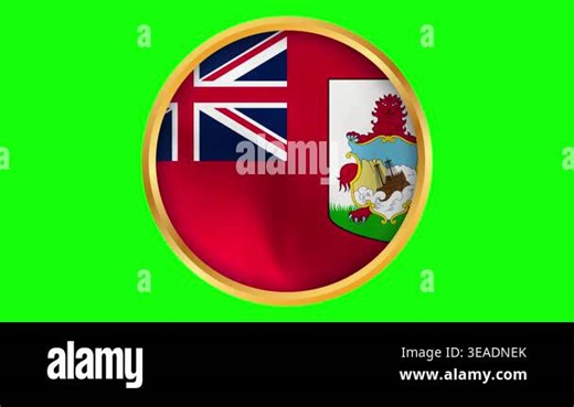Bermuda Round Framed National Wavy Flag. Circular Blowing Flag of Bermuda with Gold Frame.