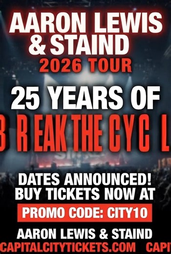 Breaking the cycle all over again in 2026! Staind's massive anniversary tour celebrates their iconic album with epic shows from Daytona Beach to Austin. Special guests Seether, Hoobastank & Hinder joining the ride. Presale starts tomorrow – sign up now! 🎤 #Staind #AaronLewis #BreakTheCycle25thAnniversary #2026Tour #LiveMusic https://www.capitalcitytickets.com/blog/aaron-lewis-staind-2026-tour-25-years-of-break-the-cycle-dates-venues/ | CapitalCityTickets.com
