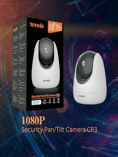 Tenda 1080P Security Pan/Tilt Camera CP3 • Resolution: 1080P Full HD (1920x1080) •Lens: 3.6mm lens with a 360° panoramic view • Pan/Tilt: 355° horizontal and 90° vertical rotation for full coverage • Night Vision: Up to 10 meters with infrared LEDs • Motion Detection: Built-in motion detection and tracking • Audio: Two-way audio with built-in microphone and speaker • Storage: Supports microSD cards up to 128GB for local storage • Wi-Fi: 2.4GHz Wi-Fi for wireless connection • App Support: Works w