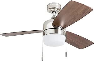 Honeywell Ceiling Fans Barcadero Modern 44 Inch Ceiling Fan with Light, Pull Chain LED Indoor Fan with 3 Blades, Maple and Brown Maple Blade Finish Options, Brushed Nickel (50616-01)