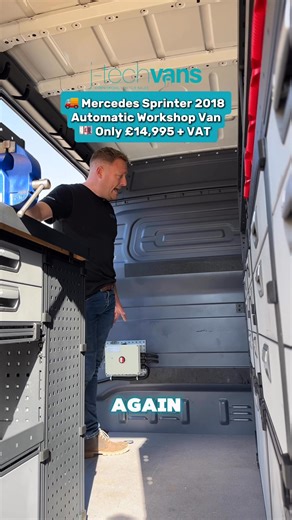 Level up your mobile workshop game! 🛠️ Check out this 2018 Mercedes Sprinter Automatic Workshop Van on a 68-plate. It's got the lot: • Modular racking and drawers down both sides • Pull-out vice on a solid workbench • LED lighting and 12-volt jump-start plug • Twin side loading doors and A/C Only £14,995 VAT. Don't hang about—these high-spec automatics go fast! Give J-tech Vans a shout to arrange a viewing. Tap the link below to view it on our website! ⬇️ https://www.jtechvans.com/item/333b5877