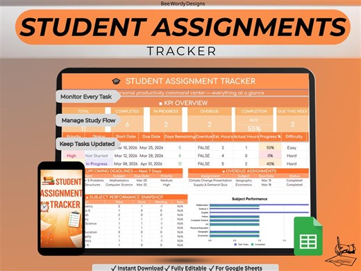 Assignment Tracker Spreadsheet | Student Planner & Homework Tracker | College and School Deadline Organizer - Etsy