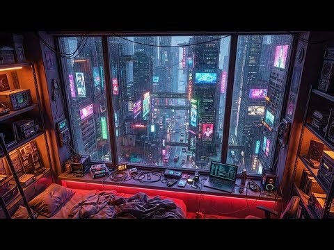 Cozy Cyberpunk Apartment Rain Ambience Rain on Window | Coding, Study, Sleep