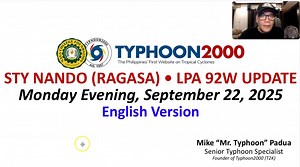 Super Typhoon NANDO (RAGASA) • LPA 92W Update - Monday Evening, 09/22/25 (English Ver) Super Typhoon Nando (Ragasa) has begun to move away from the country and is forecast to move out of the Philippine Area of Responsibility (PAR) on Tuesday morning, Sept 23. Meanwhile, another LPA is forecast to move towards Visayas-Bicol Area on Thursday and Friday and could bring rainfall across our area. To find out more, please watch our special update recorded at 7:00 PM Manila Time (11:00 GMT) Sunday, Sep