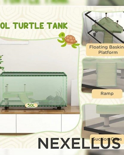 50L Glass Turtle Tank Aquarium with Basking Platform, Easy-Drain, Strip Patch Thermometer | PawHut