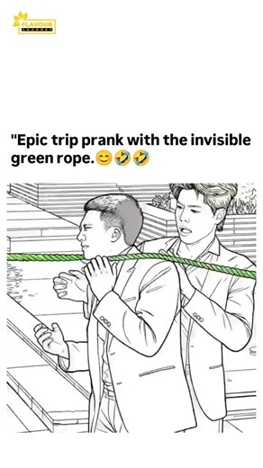 Flavour Journey | This X post shares a video depicting a prank in a public plaza where a green elastic rope stretched low across a path causes a suited man... | Instagram