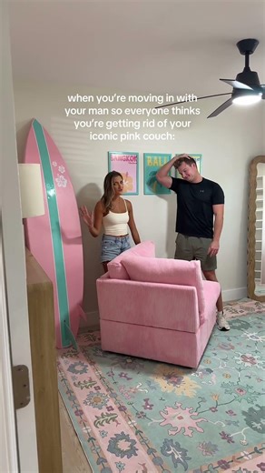 this is Barbie’s dream house 🤭 Wayfair couch made it to the new house #pinkcouchgirl #pinkcouch