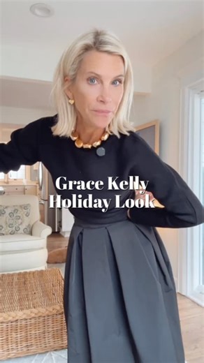 Angela Howenstein | 40+ Style Expert on Instagram: "If you’re in your Grace Kelly era this holiday season… this is the outfit. A beaded black sweater, a full black skirt, a patent pump, and whatever fur or long coat you already own. Classic, elegant, effortless — and you don’t have to spend a fortune to look like royalty. Comment "SHOP" to get the link. More ways to shop my finds: 1. Link in my profile anytime. 2. Follow me on LTK @AngelaHowenstein. 3. Shop my ShopMy storefront @AngelaHowenstein