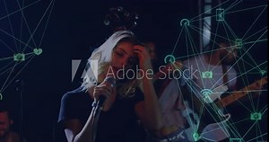 Singing into microphone, woman with band over network connections animation