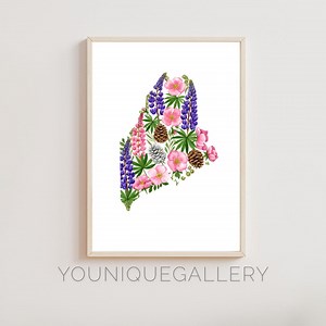 Maine Botanical Map Art: Lupine Watercolor Print (digital Download) - Etsy