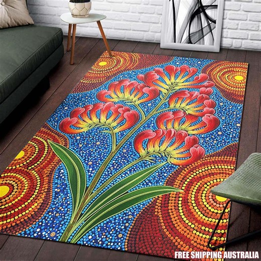 Kangaroo Paw Aboriginal Dot Art Area Rug – Anti-slip Low Pile Living Room Indigenous Carpet - Etsy