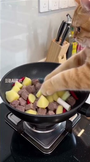 當你家貓咪決定承包晚餐... 結尾表情太療癒了！😋When your cat decides to cook dinner... The end is so cute! 😋