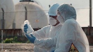 Ecologist sampling water toxic chemicals from river with test tube glass and have white smoke, Biologist wear protective suit and mask collects sample waste water from industrial, problem environment